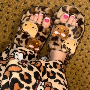 Leopard Print Plush Slide Slippers with Cute Character Accents - Women's Brown